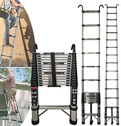 4.4M Telescoping Ladder with Detachable Hooks, 330 lbs Capacity Tall Multi Purpose Loft Ladder, Adjustable 14 Step Portable Collapsible Ladder, Loft Ladder Step Ladder for Indoor Decorating