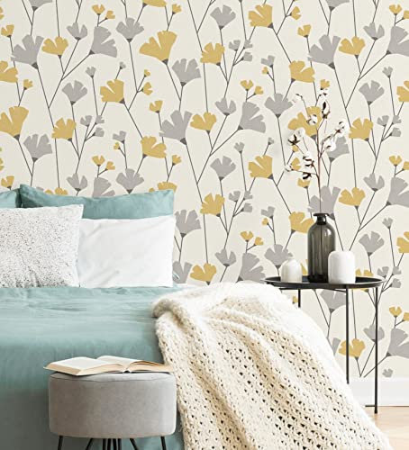 GAULAN 680923 - Tapete, Abwaschbar. Nordische Wildblumen Tapete in Grau und Senfgelb für Wohnzimmer Schlafzimmer Esszimmer Bettkopfteil - Rolle 10 m x 0,53 m