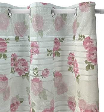 HOME ZEN HOUSEHOLD LINEN TENDA 135X270 CM ART. SICILIA LUREX TULLE JACQUARD STAMPATO A STRISCIE DISEGNO CON FIORI SEMITRASPARENTE CON 8 BORCHIE PER SOGGIORNO CAMERA CUCINA STANZA (ROSA)