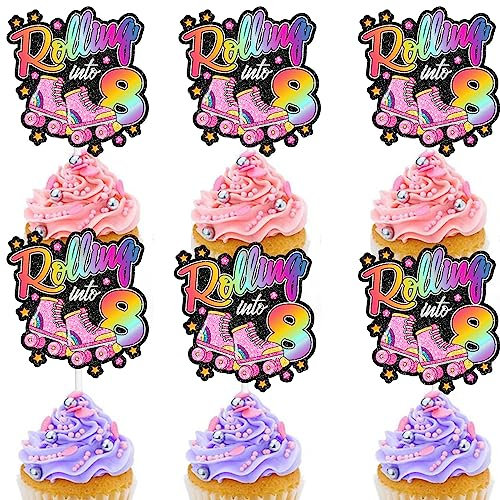 LIANGSS Cupcake Roller Skating Toppers Set of 18 - 8th Happy Birthday Ice Skates Themed Party for Boy or Girl, Retro Roller Themed or Kids Disco Ball Party Decoration