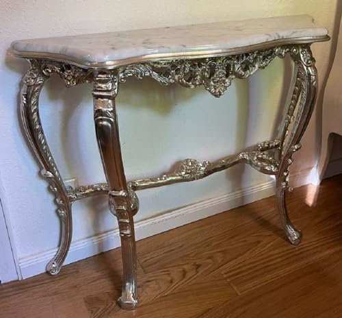 Casa Padrino Luxus Barock Konsole Silber/Weiß - Handgefertigter Massivholz Konsolentisch mit Marmorplatte - Barock Möbel - Luxus Qualität - Made in Italy