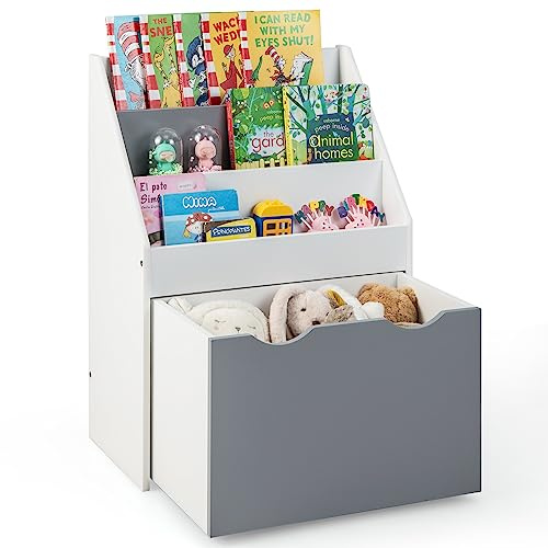 COSTWAY Kinderregal mit 3 Ablagen & rollender Spielzeugkiste, multifunktionale Kinder Bücherregal ideal für Kinderzimmer, Kindergarten