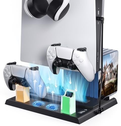 Aceshop PS5 Ständer mit PS5 Lüfter, PS5 Standfuß für PS5 Disc/Digital Edition PS5 Controller Ladestation mit Licht/Headset Halterung/PS5 Zubehör 15 Spiele Lagerung für Playstation 5 Konsole (Schwarz)