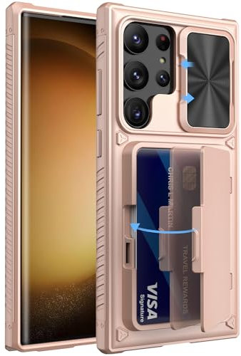 Vihibii für Samsung Galaxy S23 Ultra Hülle mit Kartenfach & Kameraschutz Schieber, Stoßfeste Schutzhülle Kratzfest Case TPU Robuste Cover Handyhülle für Samsung Galaxy S23 Ultra 5G, Rosé Gold