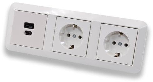 EBROM USB-C und USB-A Unterputz Steckdose 45+15 Watt Leistung, Schnellladefunktion für Wearables Smartphones Tablets + 2x Merten Steckdosen MEG2300-0319 m. Kinderschutz System M polarweiß glänzend