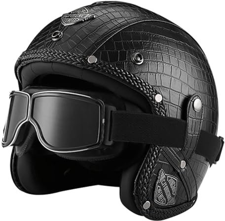 Casco Da Moto Jet Stile Vintage Con Occhiali,Mezzo Casco Da Motociclista Pelle 3/4 Per Uomini E Donne,Casco A Scodella Caschi Cromwell Omologato ECE 10,S:55-56CM