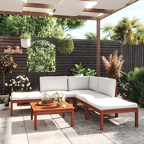 AUVYI 6-TLG. Garten-Lounge-Set mit Kissen Creme Massivholz Akazie 65x65x60cm Eckbankgruppe Couchbar Esszimmergruppe Balkonstuhl Rückenkissen Sofa Lounge Sessel Outdoor Gartenmöbel Liegestuhl