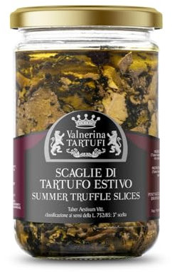 Valnerina Tartufi Tartufo Nero Estivo a Scaglie | Tartufo a Fette, Lamelle, Carpaccio | Naturale, Artigianale e Italiano conservato in Olio EVO Extra Vergine di Oliva | Vasetto 250 gr.