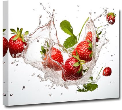 LZIMU Obst Leinwand Wanddrucke Küchendekoration frische Erdbeere im Wasser Wandbild Obst Kunstdrucke für Küche Esszimmer Dekoration (A, 30.00 x 45.00 cms)