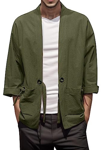 Beokeuioe Übergangsjacke Herren Klassisch Japan Kimono Haori Jacke Mäntel Langarm Stickerei Cardigan Herren Happi Jacke 3/4 Ärmel retro Hanbok Tang Anzug dünne Strickjacke