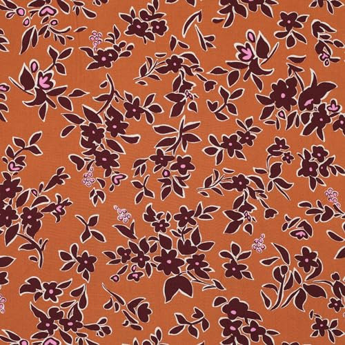 Stoff Meterware Blumen Blüten Flowers Viskose - Damen Blumen Frühling Sommer Bluse Rock Kleid Accessoires Deko (Blumen Blüten Blätter Zweige Orange)
