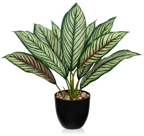 Briful Künstliche Pflanze Calathea Zimmerpflanze Kunstpflanze Wie Echt Buschig mit 8 Gefärbten Blättern im Kunststofftopf, Höhe 33cm, Grün-Rot