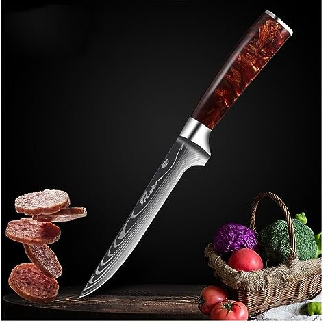 FBITE Damaskus Kochmesser, japanisches Lachs-Sashimi-Messer, roter Harzgriff, Santokumesser, Küchenmesser, Kochmesser