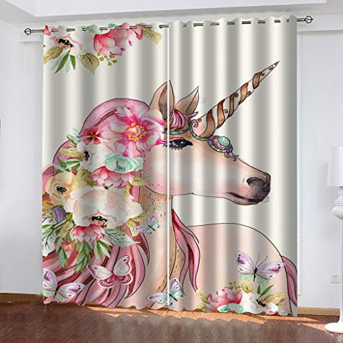 Verdunkelungsvorhang Kinderzimmer 2Er Set, 3D Rosa Blumentierpferd Muster Vorhänge Blickdicht Schlafzimmer, Ösenvorhang Gardinen Wohnzimmer Modern Thermogardine Vorhang Blickdicht 200X210Cm