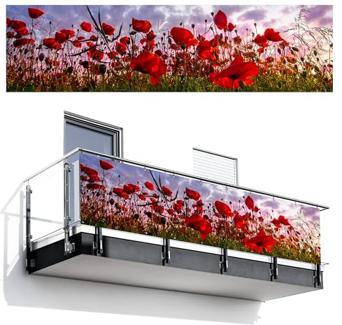 MuchoWow© Balkon Sichtschutz Einseitig 85x300 cm Groß PVC Kunststoff Garten Windschutz ohne Bohren Wetterfest Sichtschutzzaun Terrasse Balkonverkleidung Deko Panorama - farbenfroh - Mohnblumenfeld