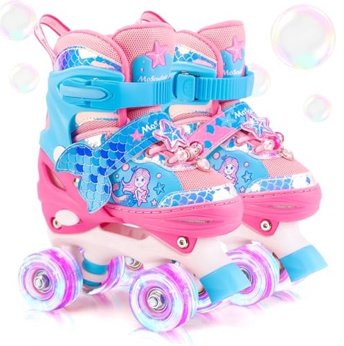 Meerjungfrau Kinder Rollschuhe für Mädchen 4 Größen Verstellbar Mit Leuchtenden Rädern Roller Skates für Anfänger Weihnachts und Geburtstags Geschenke