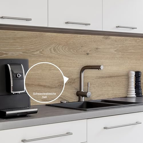WALLando Premium Küchenrückwand, individueller Größenzuschnitt – Einfach zu montierende PVC-Wandverkleidung für die Küche – Hitzebeständiger Spritzschutz aus Kunststoffplatten – Schwarzwaldeiche hell
