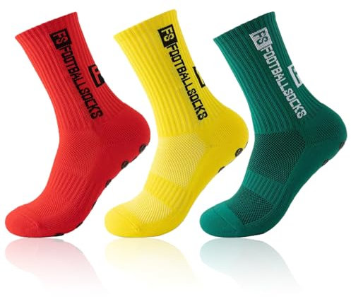 3 Paare Fußballsocken für Anti Rutsch Grip Fußball Socken für Herren Damen Sportsocken Fußball Absorbiert Schweiß 39-46 Atmungsaktiv Laufsocken Kompression Elastische Socken(rot+gelb+grün)
