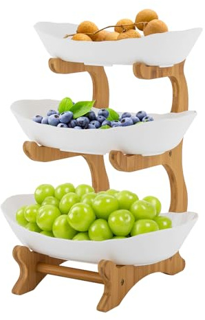 Sindipanda Présentoir à fruits à 3 étages avec support en bois de bambou, rangement pour la caution, les fruits, les bonbons, les desserts, coupe à fruits moderne, en céramique, blanc