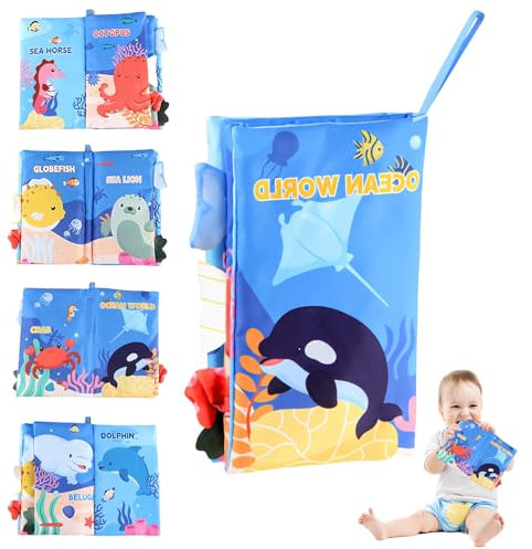 TenaLucy Stoffbuch Baby,Babybuch Knisterbuch Fühlbuch Bilderbuch Quiet Book Geschenk Early Education Spielzeug Kinderwagen Spielzeug Beißspielzeug,für Baby Spielzeug 6 Monate Jungen Mädchen(Ozean)