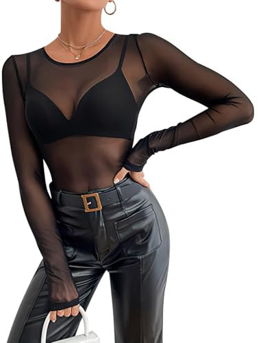 L Size Camiseta Transparente Sexy Manga Larga: Elegante Blusa de Rejilla Negra con Diseño de Malla Transparente - Ropa Sexy y Versátil para Lucir con Estilo en Fiestas