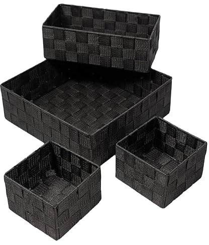KAMACA 4er Set Aufbewahrungsbox in Rattan Optik Regalkorb stapelbar Aufbewahrungskorb geflochten Mehrzweck-Korb Aufbewahrung Küche Bad Wohnzimmer (4er Set Aufbewahrungsbox schwarz)