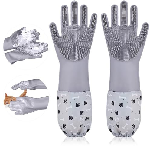 Risipu Extra Long Cat Grooming Glove, Non-Slip Dog Washing Gloves, Thickened Silicone Material Pet Grooming Gloves (grey-Long gloves)