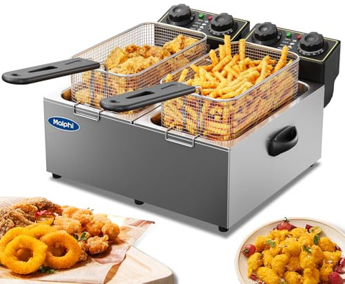 8 Litre Malphi Double Deep Fat Fryer Adjustable Temperature, Chip Pans - Basket & Lid - Fast 4000w High Power, Electric Oil Pot - Overheat Protection & Timer (4L+4L-Double Deep Fat Fryer)