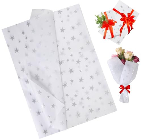 Seidenpapier Weiß und Silber Stern, 60 Blatt 50X35cm Geschenk Papier zum Basteln,Verpackungsmaterial für Geburtstag