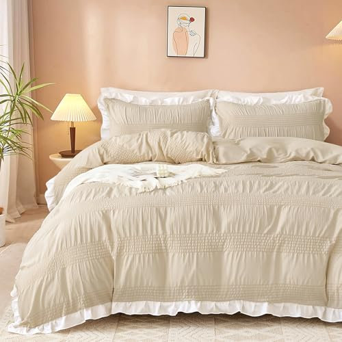 Guchuang Bedding Duvet Cover Set King Size, Beige Seersucker & Ruffled Design 3-Piece Bedding Set - Soft Microfiber, Wrinkle-Resistant & Decorative Duvet Cover with Hidden Zipper (King, 220x230cm)