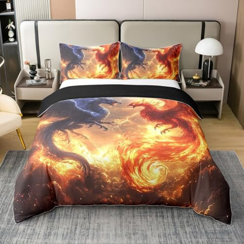 Fantasy Dragon 100% Baumwolle Bettwäsche Set,Ölgemälde Phoenix Bettbezug 135x200 für Kinder Teens Erwachsener,Paar Liebhaber Bett Set,Lightening Dragon Bettbezug mit 1 Kissenbezug für Schlafzimmer