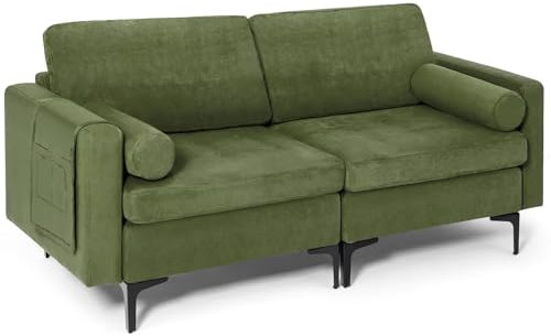 Mid Century Grünes 2-Sitzer-Sofa mit hautfreundlichem Wildlederstoff, modulares Design, 2 Nackenrollen, Metallbeine und dickes Kissen, ideal für Wohnzimmer, Wohnung und Büro