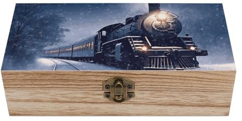 LMHLDSC Retro-Aufbewahrungsbox aus Massivholz, dekorativ, Winter, Weihnachten, Schnee, Nacht, Eisenbahn, Zug, Holzkisten, Aufbewahrungsbehälter für Schmuck, Handwerk, Aufbewahrung