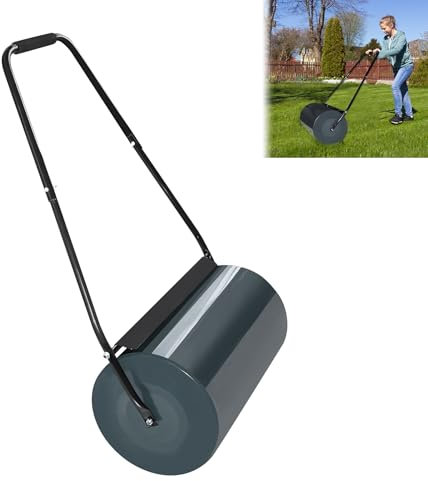 MAYTIIMO Rullo per prato, per giardino con deflettore, rullo metallico largo 57 cm, diametro 32 cm e capacità 46 l, robusto rullo per la cura del prato, riempibile con acqua/sabbia, antracite