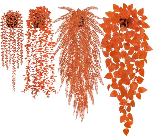 Der Rose 4 Stück Eukalyptus Hängepflanzen in Orange für Herbst Deko | Vier gelb orange Herbstpflanzen kombinieren Eukalyptus Farn und Ranken für Erntedankfest Küche Tisch und Wanddeko