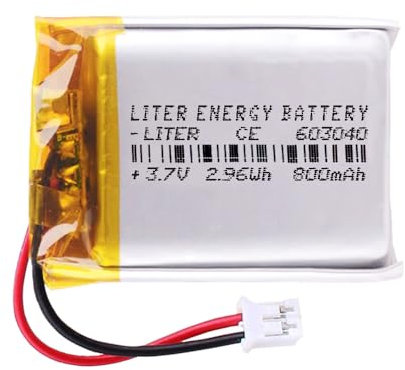 Battery 603040 LiPo 3.7 V 800 mAh 2.96 Wh Rechargeable with Plug PH2.0 (JST-PHR-02) Type B Lithium: Pay attention to the polarity of the device 42 x 30 x 6 mm (PH2|800mAh|603040)