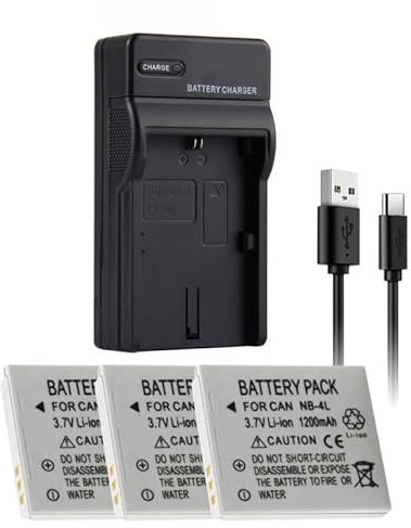 3 Pack Canon NB-4L Camera Battery Charger Set, 3.7V Li-ion 1200mAh Batteries, USB Charging Cable