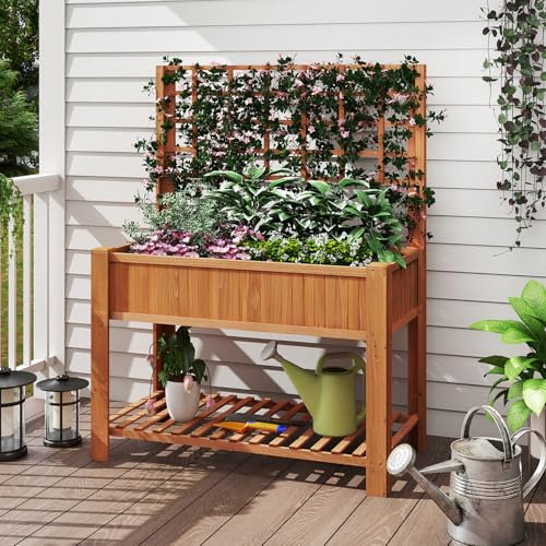 RELAX4LIFE Jardiniere sur Pieds avec Treillis, Jardiniere Treillis en Bois, Carre Potager sur Pied, Étagère Inférieure pour Outils, Trou de Drainage, Fond Amovible, pour FleursLégume Herbe (Marron)