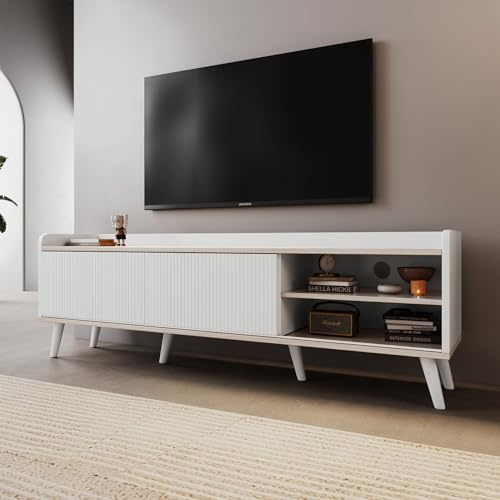 Gxffipw TV Schrank Länge 160 cm für Fernseher bis zu 65 Zoll, Lowboard mit 2 Schubladen und Schiebetüren, Fernsehschrank mit 4 Fächer und Exquisite Textur, Wohnzimmer möbel TV Board, Weiß+Holzfarbe