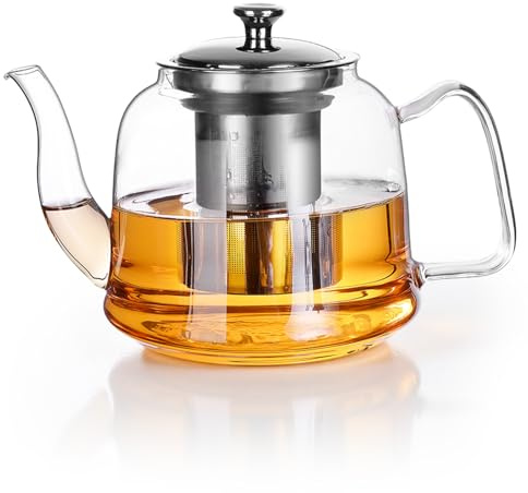 Teekanne Glas 1600ML, Teekanne Mit Siebeinsatz, Aus Glas Mit Sieb, Thermo Teezubereiter, Borosilikat Klar Teekessel, Deckel Und Edelstahl Sieb Abnehmbar Für Tee, Kaffee, Wasser, Karaffe