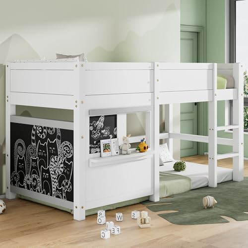 Oxtao Kinder Halbhochbett 90x200cm, mit 2 Gekritzeltafel für Kinder, Hochbett mit Dreistufiges Treppendesign, Lattenrost und Rausfallschutz, Ohne Matratze, Weiß