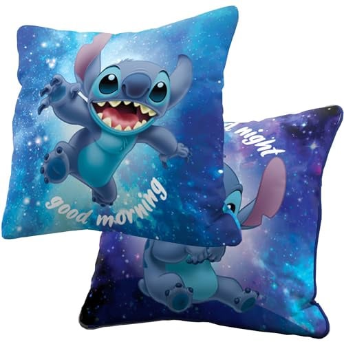 BERONAGE Lilo & Stitch Kissen Out of The World 40x40 cm Wendekissen Good Morning Good Night 100% Polyester weich flauschig Sofa Kuschelkissen Kinder Deko Disney Geschenk