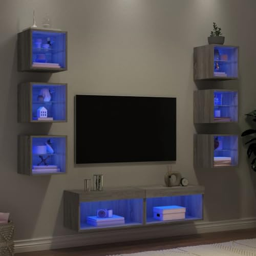 QJBSAVVA 8-TLG Wohnwand mit RGB LED TV Lowboard Sideboard Grau Sonoma Holzwerkstoff 60/30 cm Hängend Modernes Design Wandmontage für Wohnzimmer Schlafzimmer