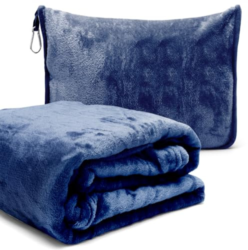 2 in 1 Reisedecke & Reisekissen mit Reißverschluss, Multifunktionales Kissen, Weiche & Warme Flugzeugdecke Kuscheldecke Kopfkissenbezug Kompakte Decke für Flugzeug, Auto, Büro,127x152cm (Dunkelblau B)