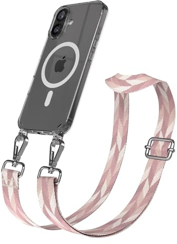 EAZY CASE Handykette - Verstellbares Taschenband kompatibel mit iPhone 16, Schulterriemen, Handykordel mit Silikon Hülle, Qi Charging kompatibel, Umhängetasche, Rosa Mix Silber