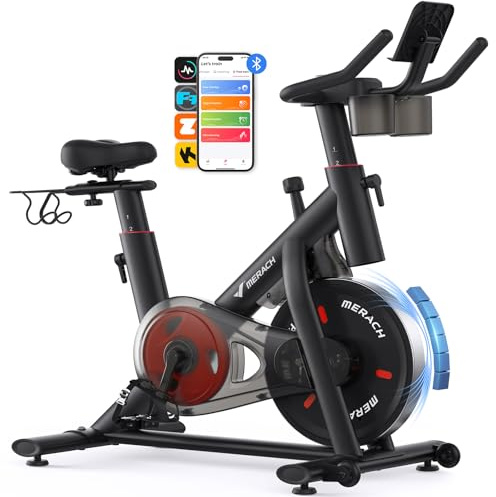 MERACH Heimtrainer Fahrrad mit Verstellbarem Widerstand, Leises Hometrainer Fahrrad mit Verbessertem LED-Monitor, Tablet-Halter, Indoor Cycling Bike für Kardiotraining zu Hause, Eigener App, Bis 136KG