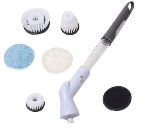 DAZZLEEX Wireless Electric Scrub Brush with 6 Interchangeable Brush Heads, USB-C Fast Charging, Retractable Handle for Bathroom, for TILE, Grout, Shower, Sink & Car Wheels(White)