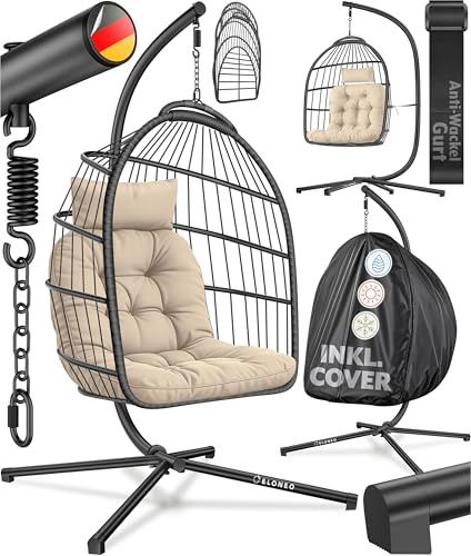 ELONEO Hängesessel mit Gestell und Premium Polster, Hängesessel Outdoor und Indoor inkl. Abdeckplane, Hängeschaukel Outdoor belastbar bis 160kg, Hanging Chair, Creme