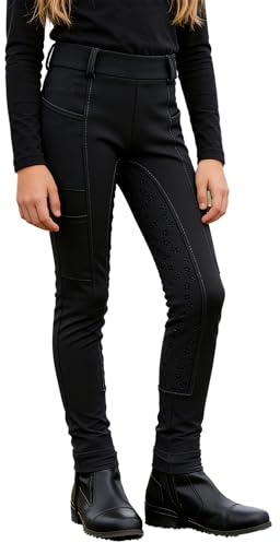 Runhomal Kids Girls Boys Equestrian Breeches with Pockets Anti-Slip Full Seat Pants Horse Riding Tights Sweatpants