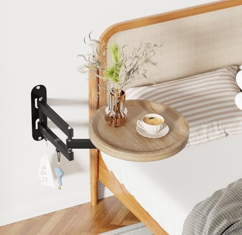 Menaka Wall Mounted Folding Side Table Bedside Shelf for Sofa Bed, 28cm Round Small Drop Leaf Floating Coffee Table Desk Nightstand with Retractable Brackets for Bedroom Living Room (oak#2)